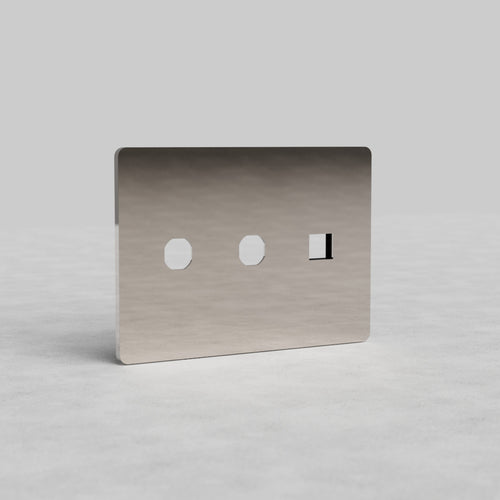 3G 2x Switch & Keystone Plate Grove US in polished nickel with two switch cutouts and one keystone cutout.