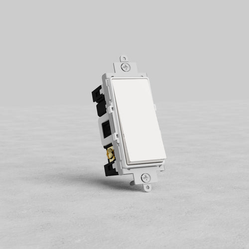 Retractive Rocker Switch in Polished Nickel White finish with visible screws, upright on a plain gray background.