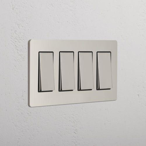 Grove 4G Rocker Switch in Polished Nickel Black finish, featuring four horizontal rectangular rocker switches.