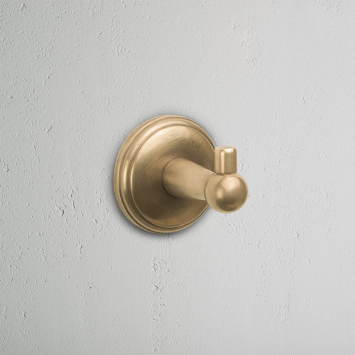 Hyde Hook in antique brass finish, with a round base, mounted on a light gray textured wall.