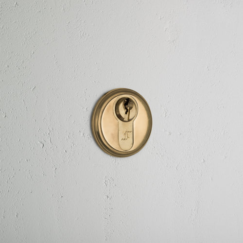 Antique Brass Canning Key Escutcheon with centered keyhole, mounted on a light gray textured wall.