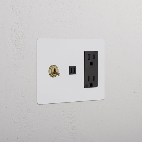 Kew 3G Toggle Switch with paintable antique brass finish, black outlet, and fast charge USB port on wall plate.