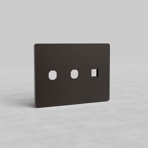 Rectangular bronze 3G 2x switch and keystone plate with two switch cutouts and one keystone port, Grove US.