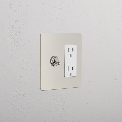Kew 2G Toggle Switch & Outlet in Polished Nickel White, with toggle switch and dual power outlet on plate.