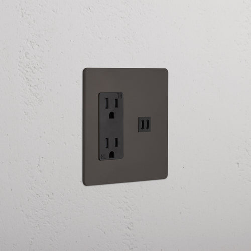 Grove 2G Outlet & Fast Charge USB in Bronze Black with two power sockets and USB port on a wall plate.