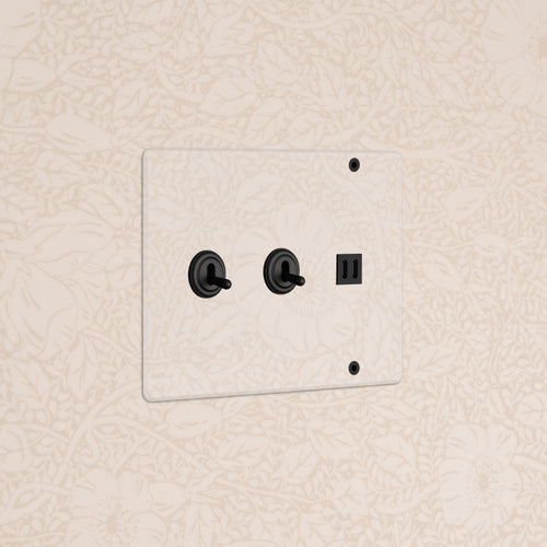 Kew 3G Clear Bronze Black wall plate with 2 toggle switches and a fast charge USB outlet.