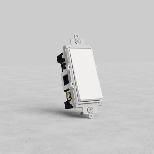 Four Way Rocker Switch in polished nickel with white finish, shown upright against a plain gray background.