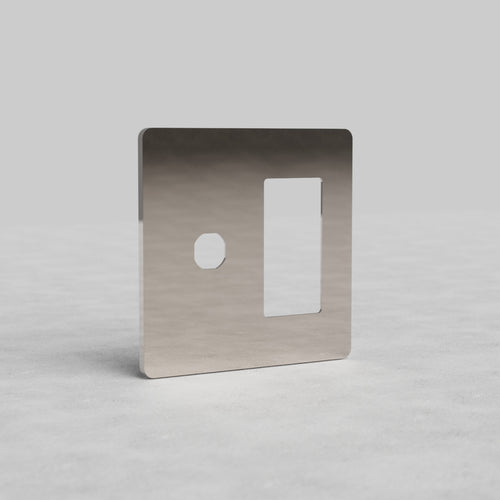 Polished Nickel 2-gang switch and outlet plate, Grove US design, with circular and rectangular cutouts.