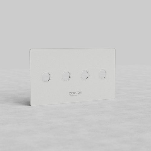 Clear 4-gang switch plate, Kew US style, with four round switches and 'CORSTON' logo below.