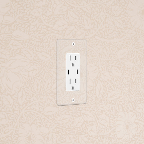 Kew 1G 15A USB Outlet in Clear White with two sockets, mounted on a beige patterned wall.