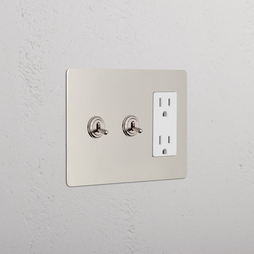 Kew 3G 2x Toggle Switch & Outlet in polished nickel white with two toggles and dual power outlet.