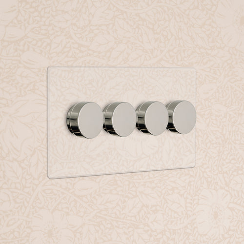 Kew 4G Dimmer Switch in Clear Polished Nickel, featuring four round dimmer knobs on a glass plate.
