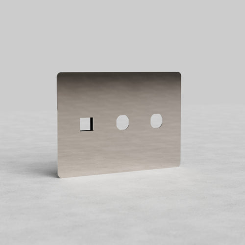 Rectangular polished nickel switch and keystone plate with two switch openings and three module cutouts.