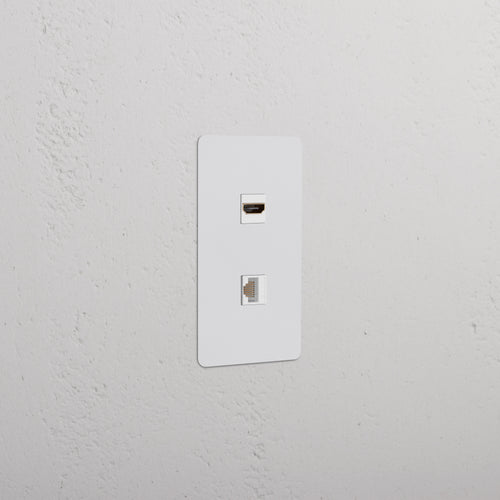 Paintable white Kew 1G faceplate with HDMI and CAT 6 Keystone ports, suitable for network and AV connections.