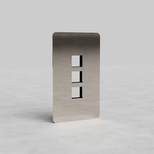 Polished Nickel 1G 3x Keystone Plate Kew US with three vertical keystone module slots, shown on gray background.
