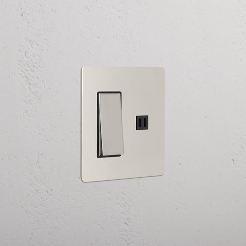 Kew 2G Rocker Switch & Fast Charge USB in Polished Nickel Black, double switch and USB port on plate.