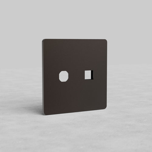 Bronze 2G Switch & Keystone Plate Grove US wall plate with round and square cutouts on a light background.