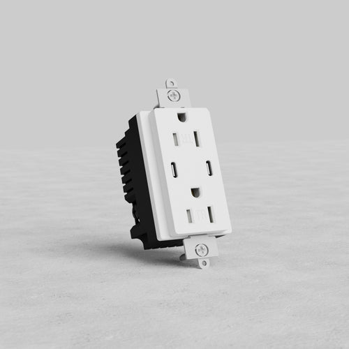 White Power Outlet with USB 15A, two three-prong sockets and USB ports, on a gray surface.