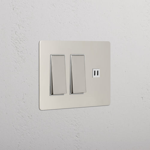 Kew 3G 2x Rocker Switch & Fast Charge USB in Polished Nickel White with two switches and USB port.