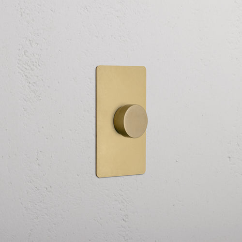 Kew 1G Dimmer Switch in Antique Brass with round knob and rectangular plate mounted on wall.