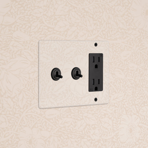 Kew 3G 2x Toggle Switch & Outlet in Clear Bronze Black with two black toggles and matching outlet on floral wallpaper.