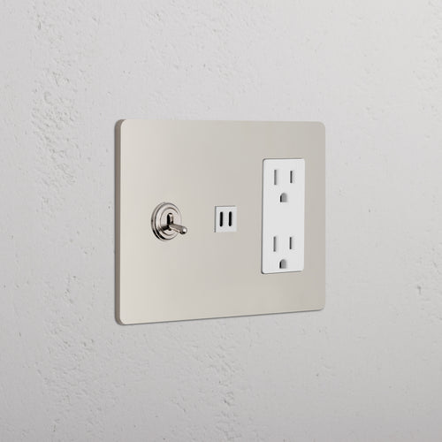 Grove 3G Toggle Switch, Outlet, and Fast Charge USB in Polished Nickel White, mounted on a white wall.