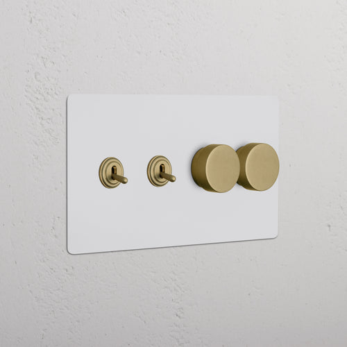 Kew 4G 2x Toggle & 2x Dimmer Switch in paintable antique brass, with two toggles and two rotary dimmers.