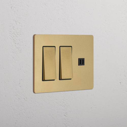 Grove 3G 2x Rocker Switch & Fast Charge USB in Antique Brass Black with two switches and USB port on faceplate.