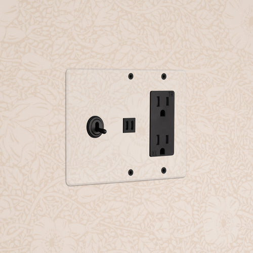 Kew 3G Toggle Switch, Outlet & Fast Charge USB in Clear Bronze Black, mounted on beige floral wallpaper.