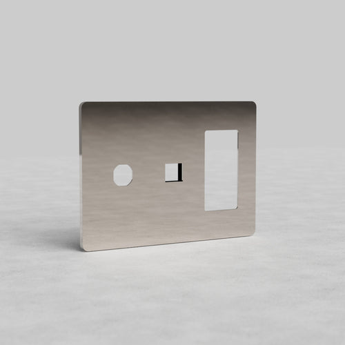 Polished Nickel 3-gang switch plate with outlet, keystone, and switch openings; Grove US design.