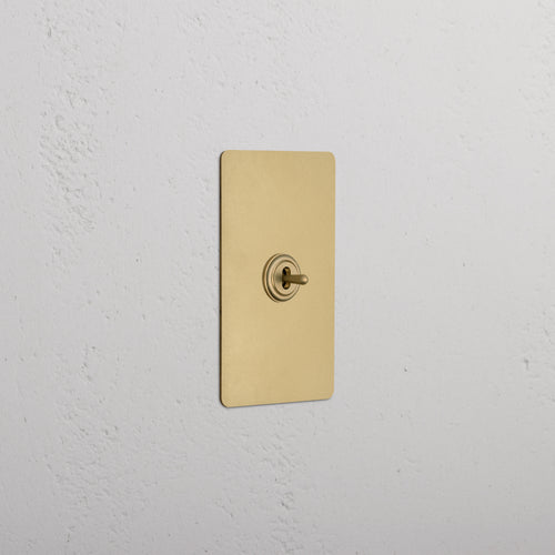 Kew 1G Center Retractive Toggle Switch in antique brass finish with rectangular plate, mounted on a wall.