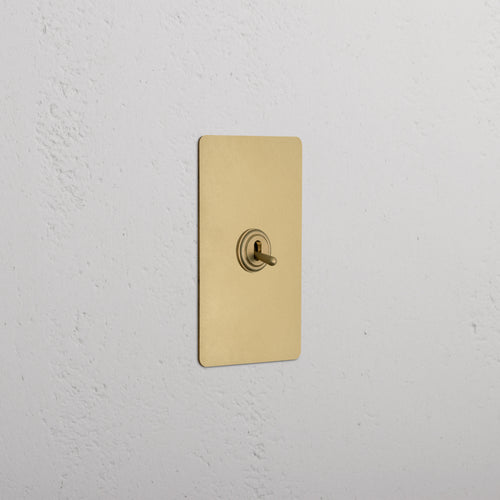 Kew 1G Toggle Switch in Antique Brass with rectangular plate, mounted on a white textured wall.