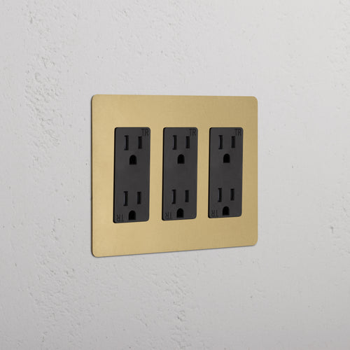 Kew 3G Outlet in Antique Brass Black finish featuring three black electrical sockets on a decorative wall plate.