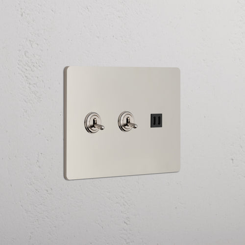 Grove 3G 2x Toggle Switch & Fast Charge USB in Polished Nickel Black, with two toggles and USB port.