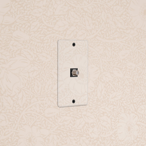 Kew 1G Satellite Keystone in clear black finish, designed for wall mounting on a floral wallpapered surface.