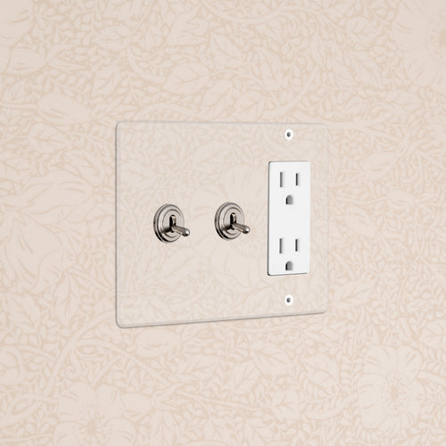 Kew 3G 2x Toggle Switch & Outlet in Clear Polished Nickel White, featuring two toggles and one outlet.