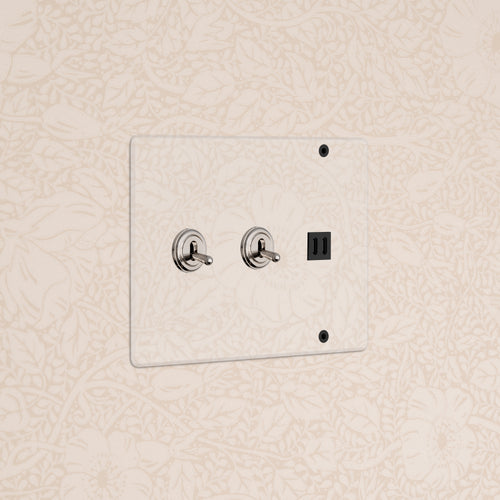 Clear polished nickel black Kew 3G wall plate with 2 toggle switches and fast charge USB ports.