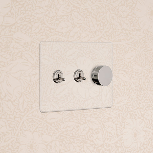 Kew 3G 2x Toggle & Dimmer Switch in clear polished nickel with two toggles and one dimmer knob.