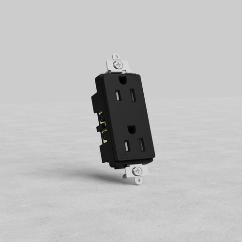 Black Power Outlet 15A with two sockets and silver mounting brackets on a light gray background.
