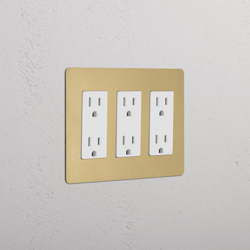 Kew 3G Outlet in Antique Brass White finish with three sockets, mounted on a white textured wall.