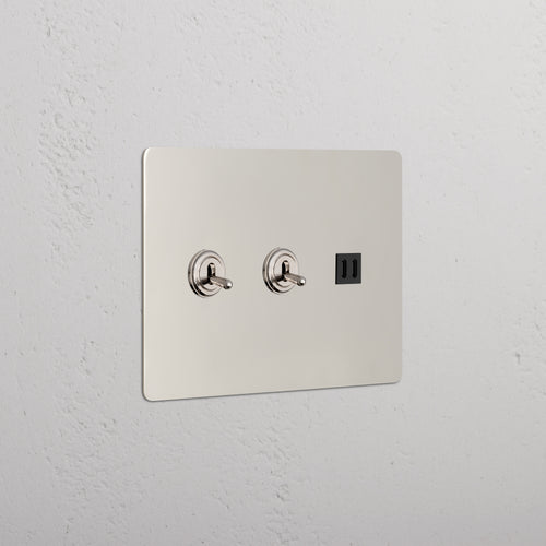 Kew 3G 2x Toggle Switch & Fast Charge USB in polished nickel black with two toggles and a USB outlet.