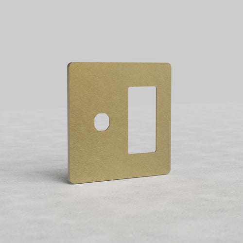 Antique Brass 2G Switch & Outlet Plate Grove US with one round and one rectangular cutout, front view.