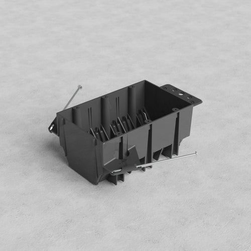 3G US New Work Electrical Box in black plastic with two silver screws, shown on a light gray surface.
