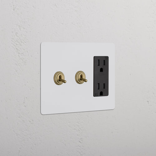 Kew 3G 2x Toggle Switch & Outlet in paintable antique brass with black outlet, shown on a wall.