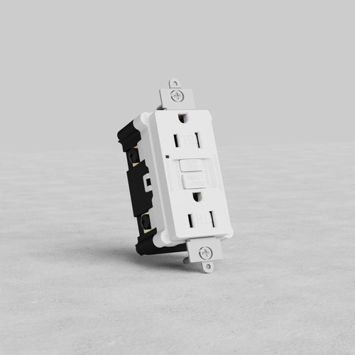 White GFCI Power Outlet 15A with test and reset buttons, shown on a light gray surface.