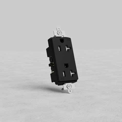 Black Power Outlet 20A with two sockets and metallic mounting tabs, shown on a light gray surface.