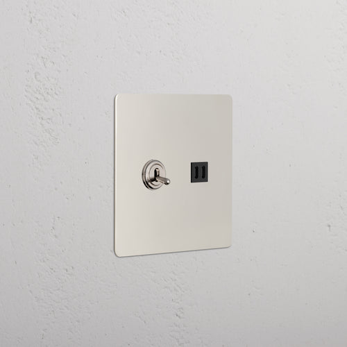 Kew 2G Toggle Switch & Fast Charge USB in polished nickel black, with toggle switch and USB port on silver plate.