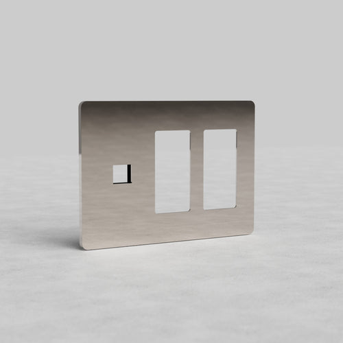 Polished Nickel 3G 2x Outlet & Keystone Plate Grove US with three rectangular cutouts for outlets and keystone ports.