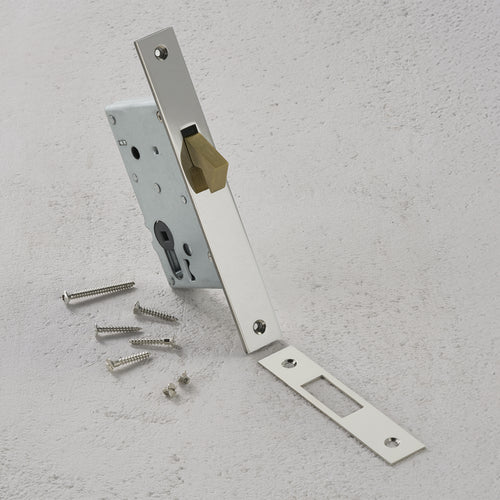 Polished nickel hook lock set with matching strike plate and screws on a light gray surface.