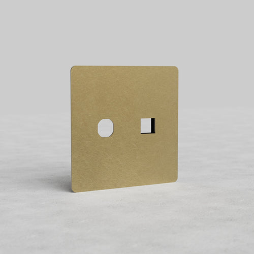 Antique Brass 2G Switch & Keystone Plate Kew US with one round and one square opening on the front.